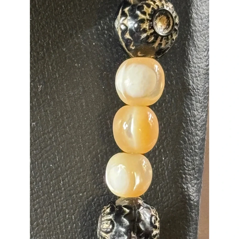 Vintage Boho Carved Geometric Bead‎ & Shell Strand Necklace Cream Black Tan
